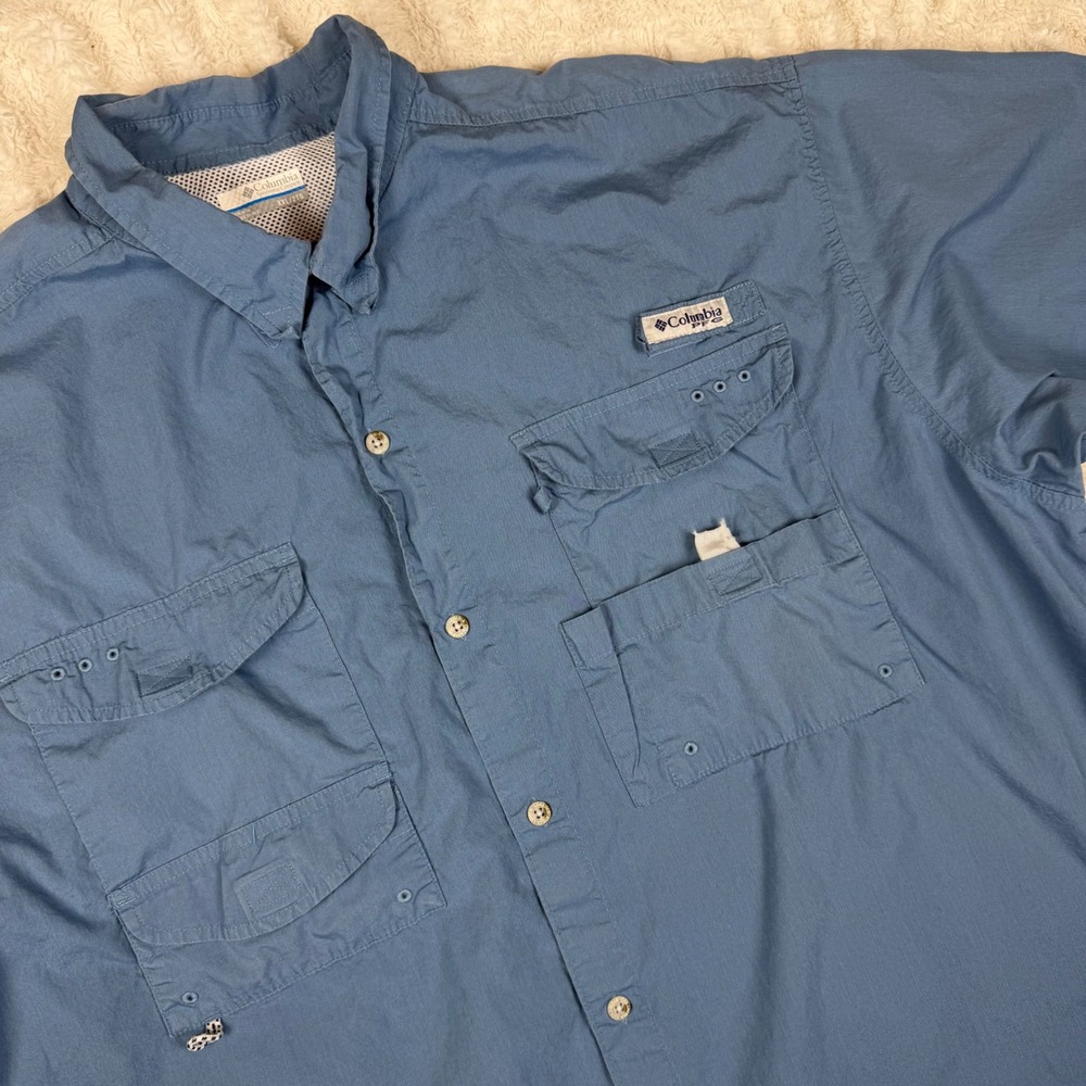 Columbia PFG Mens XXL Blue Short Sleeve Cotton Fishing Shirt Ventilated Pockets